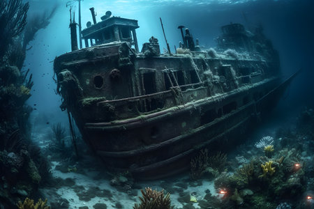 An old ship in the middle of the ocean created with Generative AI technologyの素材