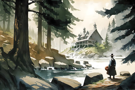 A painting of a man standing in front of a lake created with Generative AI technologyの素材