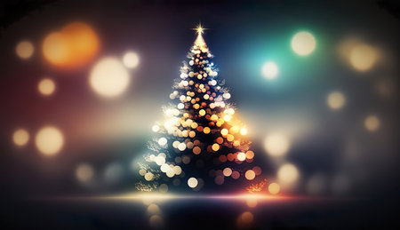 A brightly lit christmas tree on a dark background created with Generative AI technologyの素材