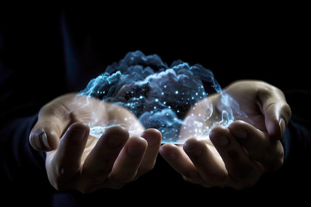 A person holding out their hands with a glowing brain in the middle created with Generative AI technologyの素材
