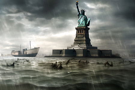 A statue of liberty in the middle of a body of water created with Generative AI technologyの素材