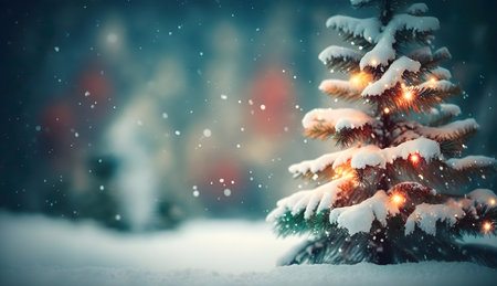 A christmas tree with lights in the snow created with Generative AI technologyの素材