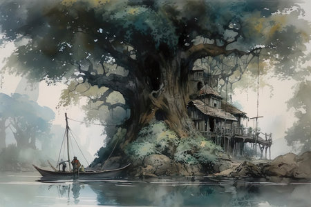 A painting of a tree with a house on it created with Generative AI technologyの素材