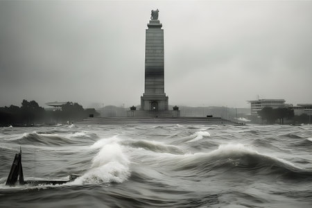 A lighthouse in the middle of a large body of water created with Generative AI technologyの素材