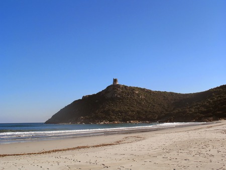 A view of the Spanish watchtower of Porto Giunco, Villasimius,の写真素材