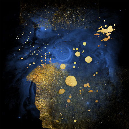 Galaxies and gold in beautiful abstract composition. Awesome print for wallpaper. Blue and gold