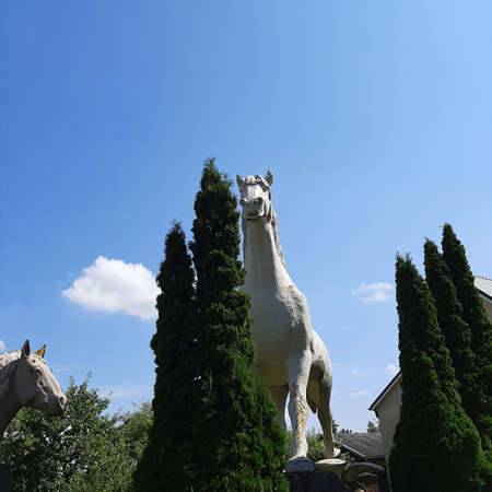 Primitive sculptures are made of concrete. Sunny day.の写真素材