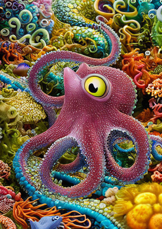 3d illustration of a colorful octopus in a marine life backgroundの素材