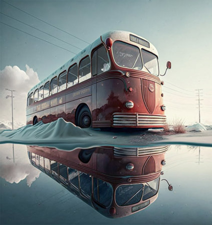 Old school bus reflected in a puddle of water. Vintage style.の素材