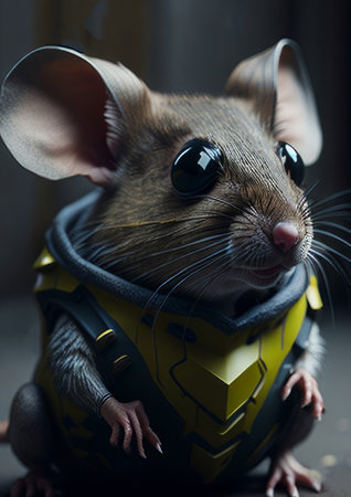 Portrait of a cute little mouse in a helmet and a suit.の素材