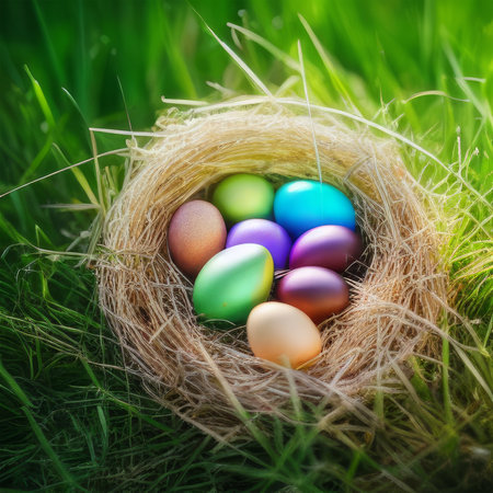 Colorful Easter eggs in nest on green grass background. Happy Easter concept.の素材