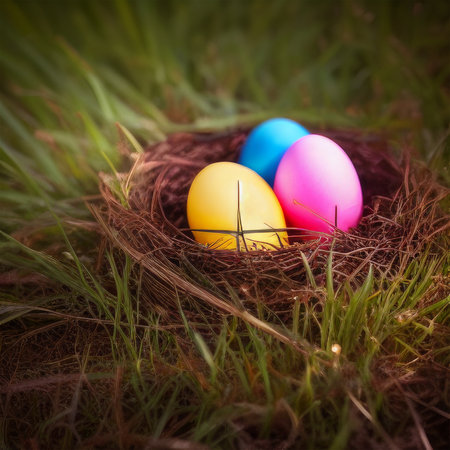 Colorful easter eggs in nest on green grass. Vintage tonedの素材