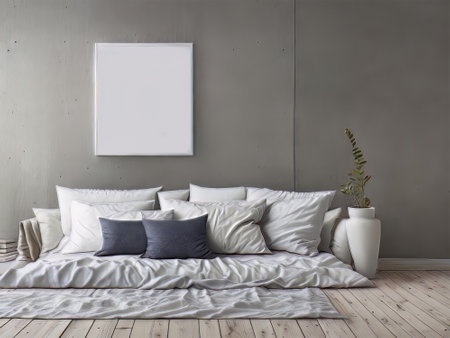 Interior of a modern bedroom with a white bed and a posterの素材