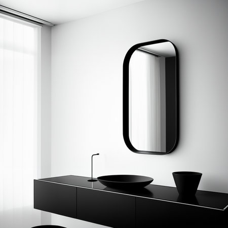 Interior of modern bathroom with black and white walls, concrete floor, black sink and mirror. 3d renderingの素材