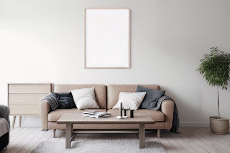 Interior of modern living room with sofa, coffee table and mock up posterの素材