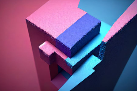 Colorful geometric shapes on a blue background. 3d rendering.の素材