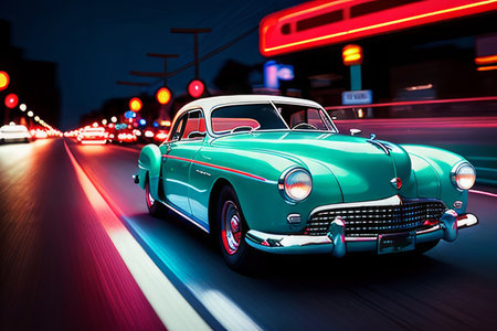 Classic american car on the road at night. 3d renderingの素材