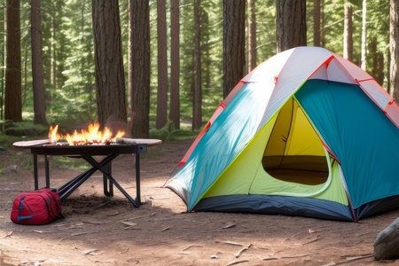 Camping in the forest. Camping tent in the forest.の素材