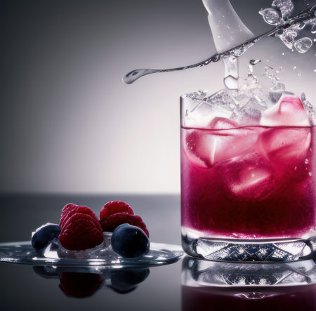 raspberries and blueberries are splashing in a glass. generated by aiの素材
