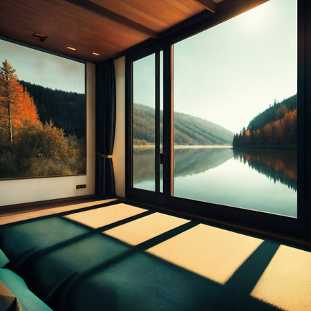 Interior of a modern house, window overlooking the lake and mountainsの素材