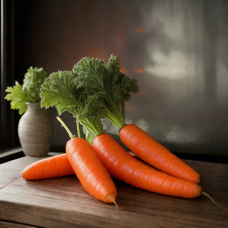 Fresh carrots with green leaves on a wooden table in a rustic kitchenの素材