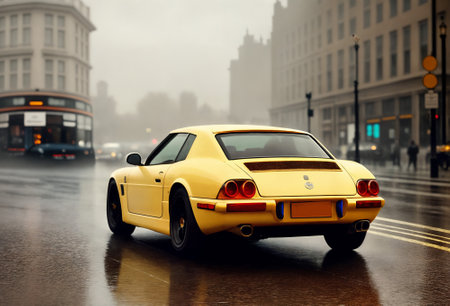 Yellow retro car on the road in the rain. 3d renderingの素材
