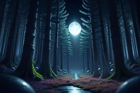 Mysterious dark forest with full moon. 3D Renderingの素材