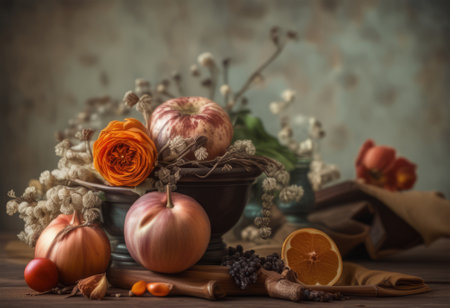 Still life with vegetables and fruits on a wooden background. Toned.の素材