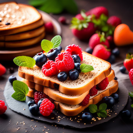 Healthy breakfast with toast bread and berries on a black background.の素材