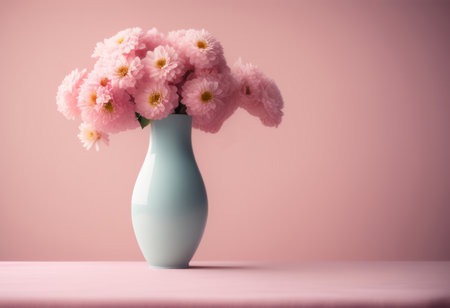 Bouquet of pink chrysanthemums in vase on pink backgroundの素材