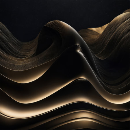 3d render of abstract wavy background with black and gold elementsの素材