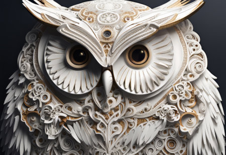 Close up of a beautiful owl head on a black background. This is a 3d render.の素材