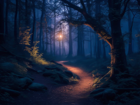 Mystical dark forest at night with fog. 3D renderingの素材