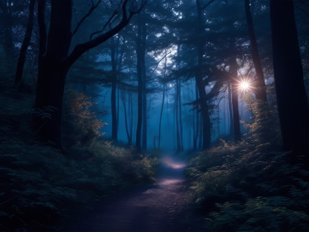 Mysterious dark forest at night with a path leading to the lightの素材