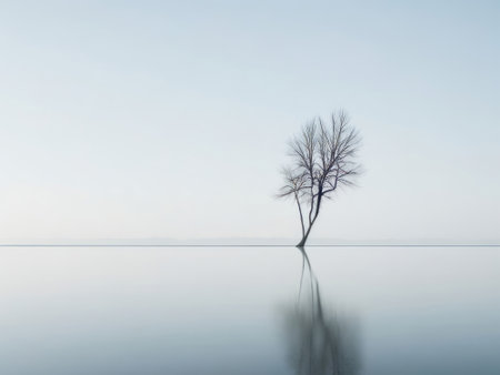 Lonely tree on the lake in foggy day. Long exposureの素材