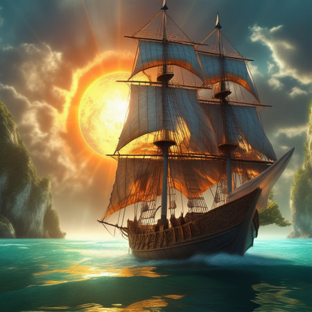 sailing boat on the sea at sunset, 3d render illustrationの素材