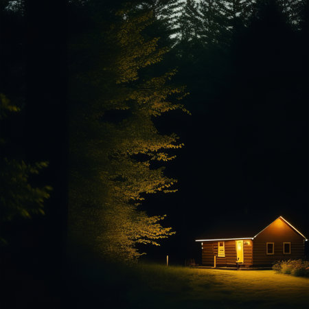 Wooden cottage in the forest at night. 3D rendering.の素材
