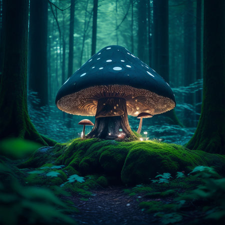 Mysterious mushroom in the forest at night. 3D renderingの素材