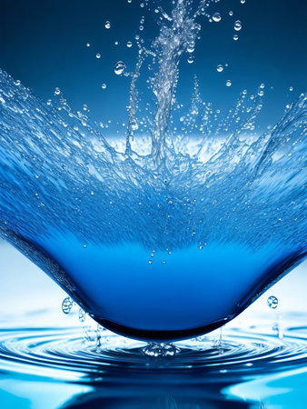 Water splash close-up on blue background. Shallow depth of field.の素材