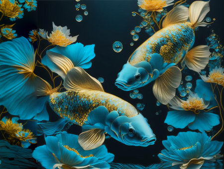 Gold and blue koi fish in the water. 3d renderingの素材