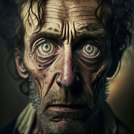 Close-up portrait of an old man with scary eyes. Halloween.の素材