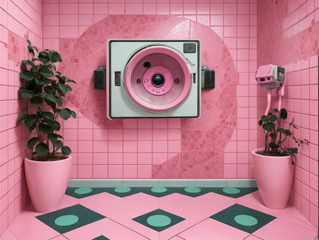 3D rendering of a bathroom with a pink wall and a toiletの素材