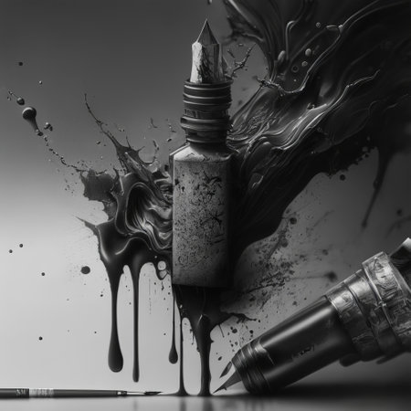 black and white oil paint splashes on a gray background with brushesの素材