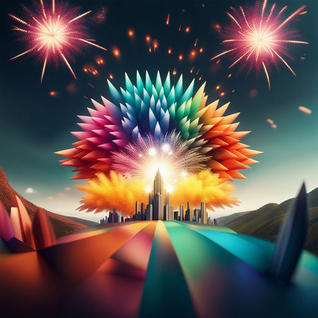 Abstract background with colorful fireworks and cityscape. Vector illustration. Eps 10の素材