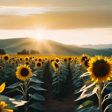Sunflower field at sunset. Beautiful landscape with sunflowers.の素材