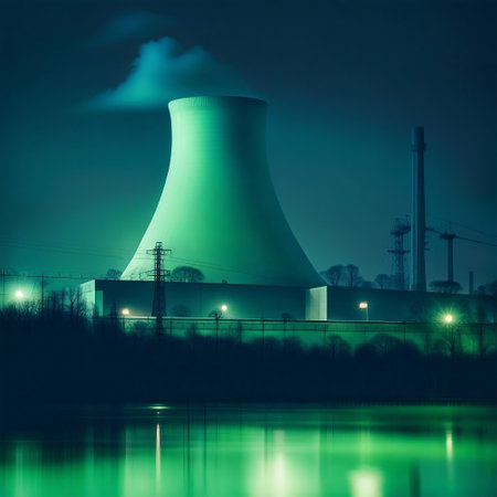 Nuclear power plant at night with reflection in waterの素材