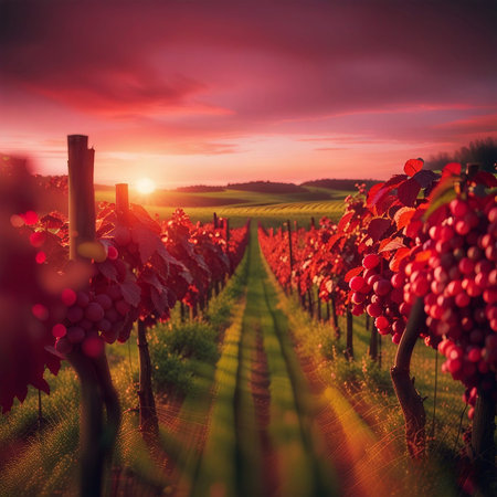 Vineyard at sunset in Tuscany, Italy, Europeの素材