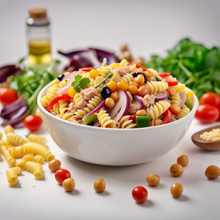 Pasta salad with tuna and chickpeas in a white bowlの素材