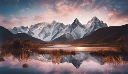 Mountain lake at sunset. Landscape with mountains and reflection in waterの素材