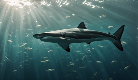 3D render of a shark swimming in the ocean with sunraysの素材